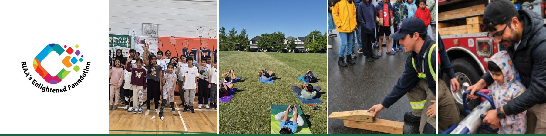 REF Community logo alongside photos from a badminton training session, an outdoor community yoga class, a firefighter demonstration and a child trying fire-hose equipment